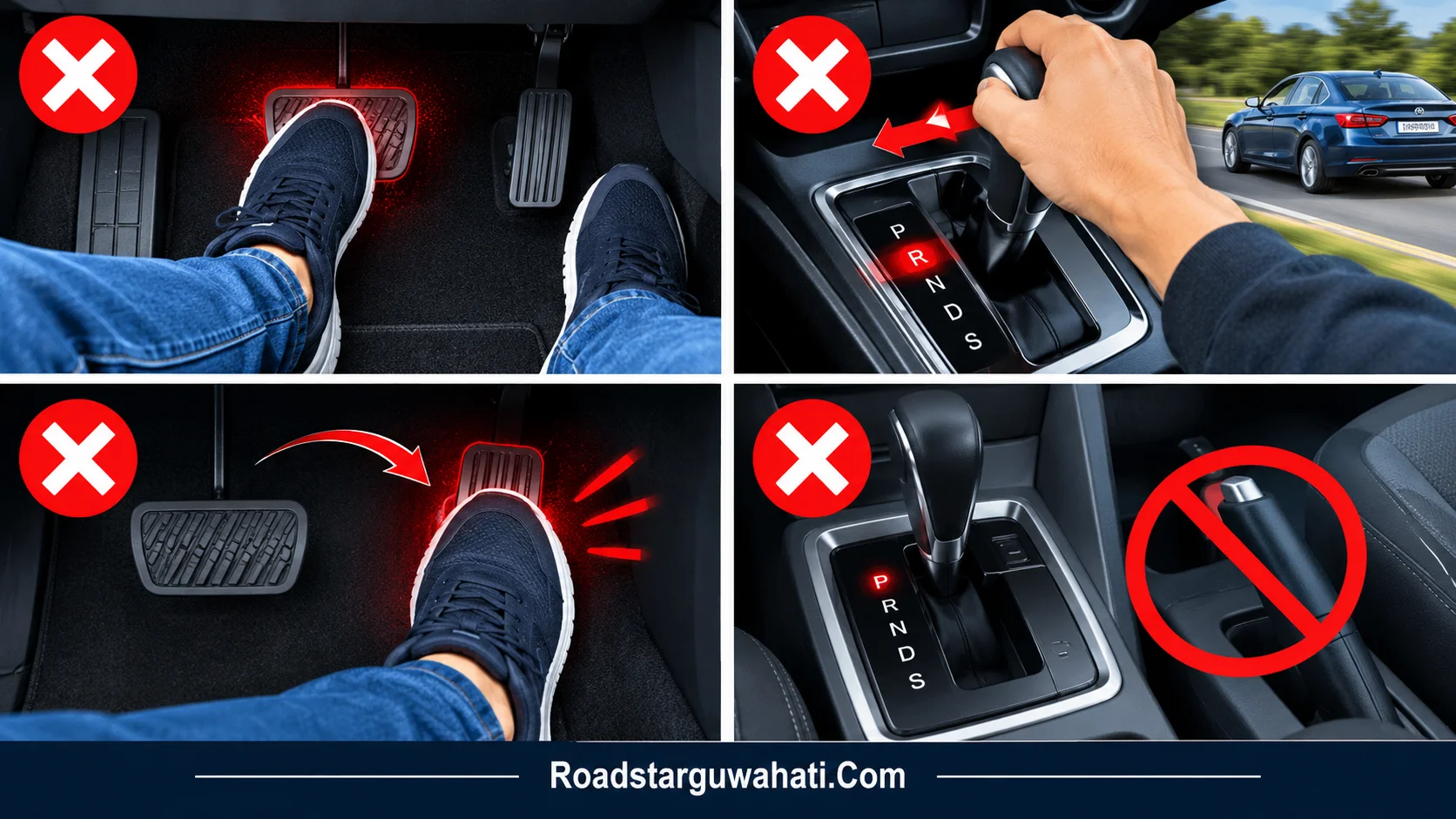 Four common automatic driving mistakes shown with red warning symbols