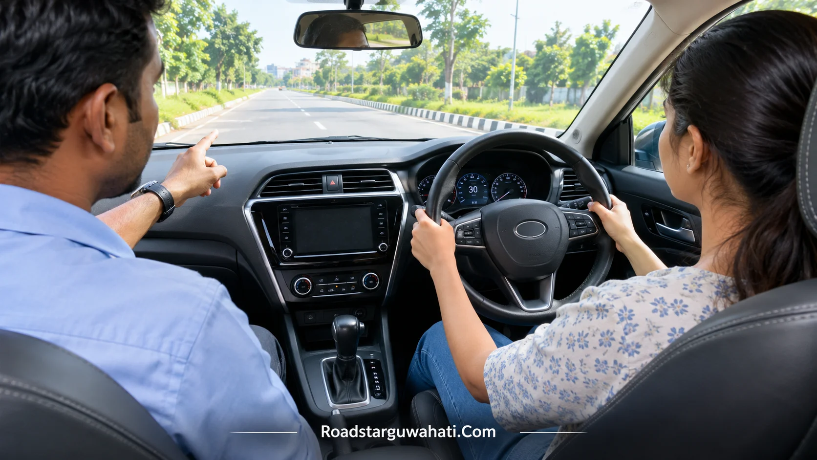 Indian beginner learning to drive automatic car with instructor