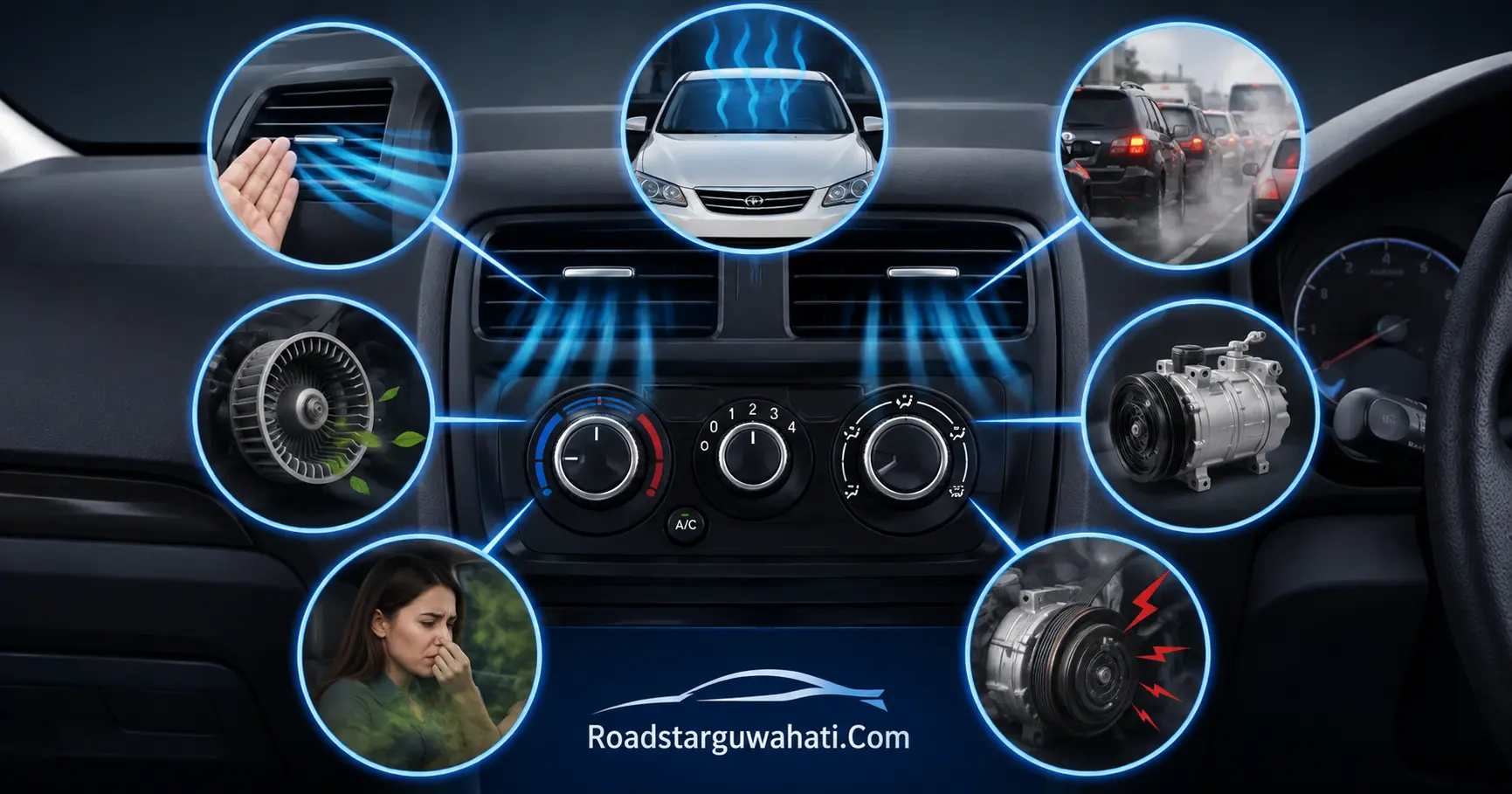 Car AC problem symptoms and components