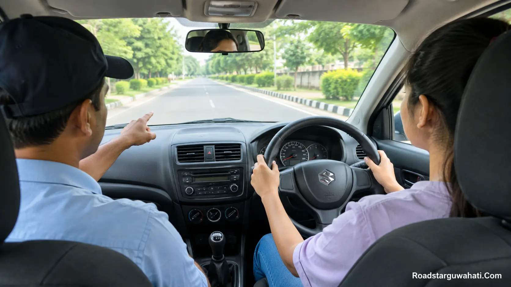 Indian beginner learning to drive with instructor in car