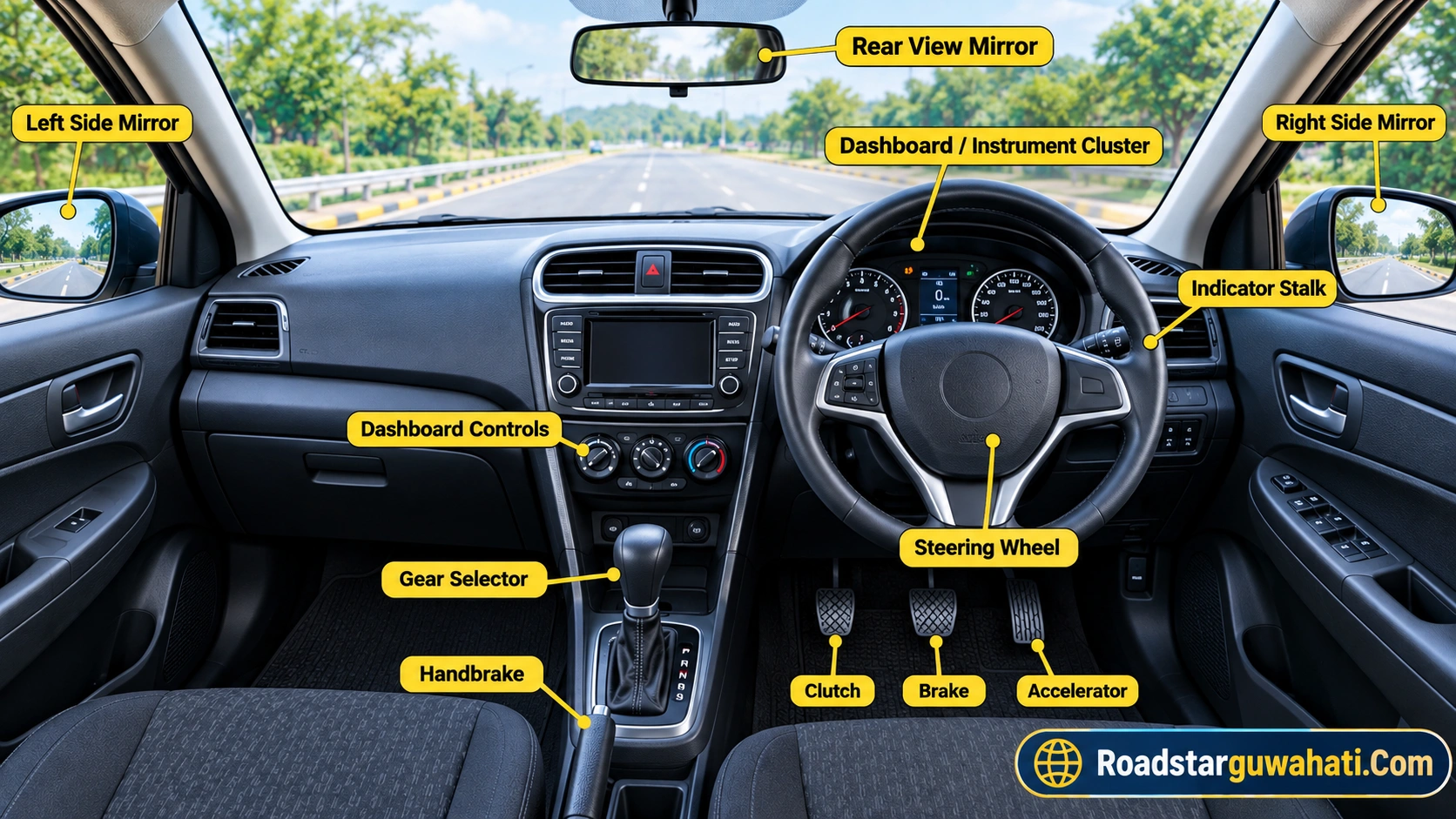 Right-hand-drive car cockpit controls for beginners