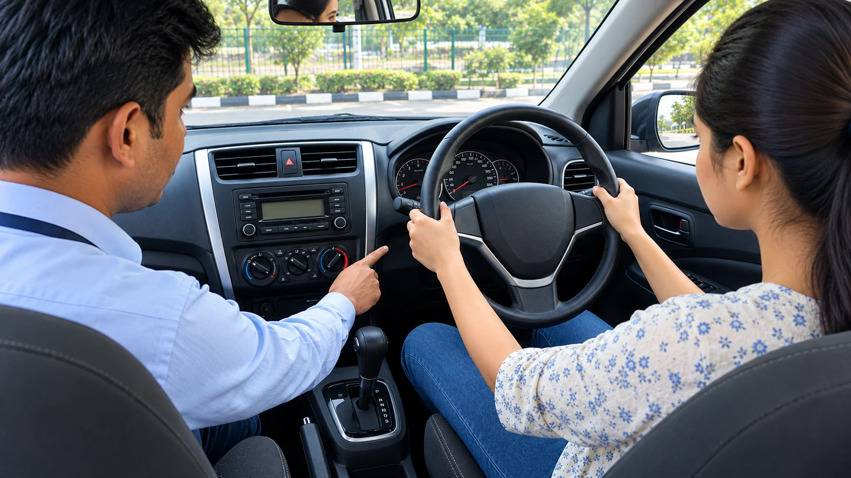 Indian beginner learning to start a right-hand-drive car with instructor