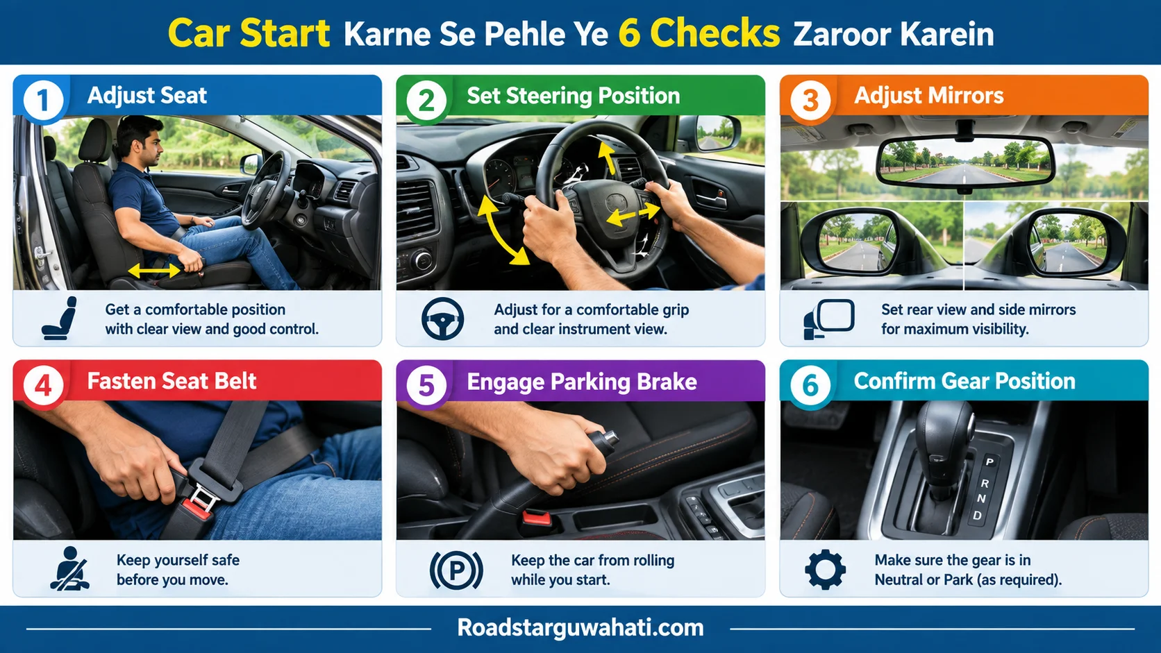 Car start karne se pehle seat mirror belt brake aur gear checklist
