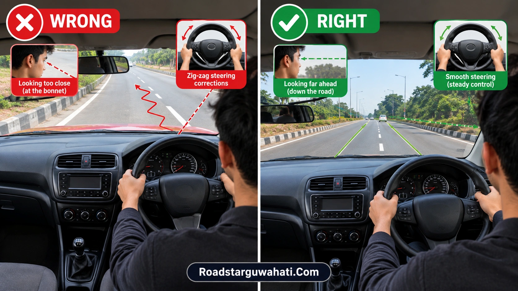 Beginner driver comparing near and far road vision for smooth steering