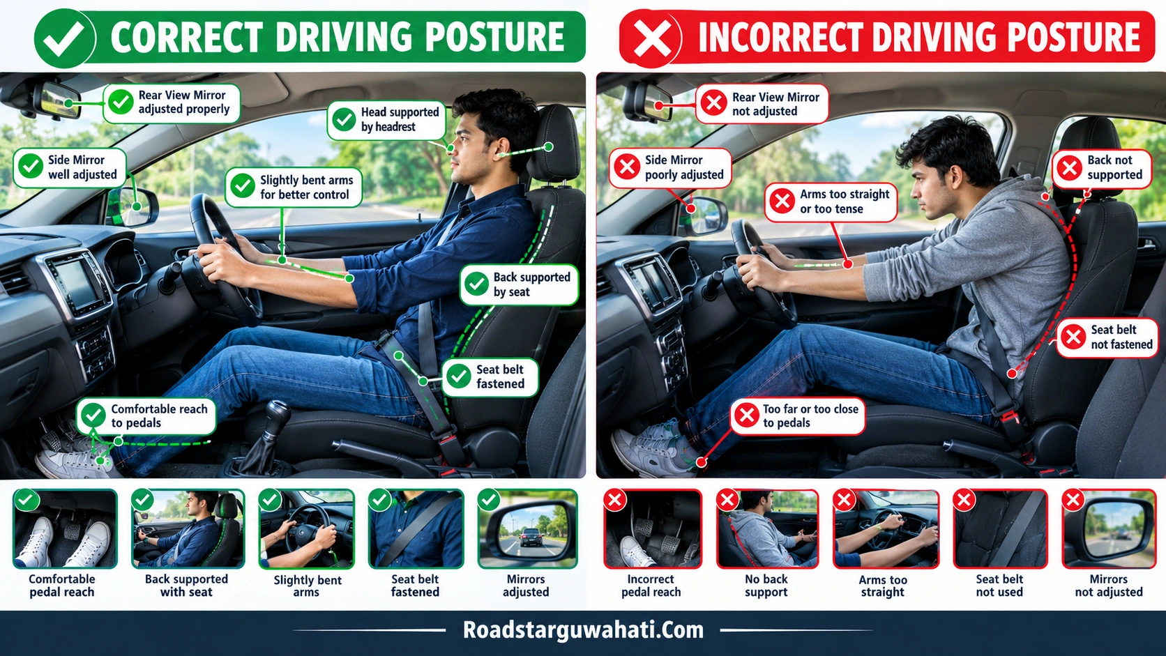 Correct and incorrect driving posture in car