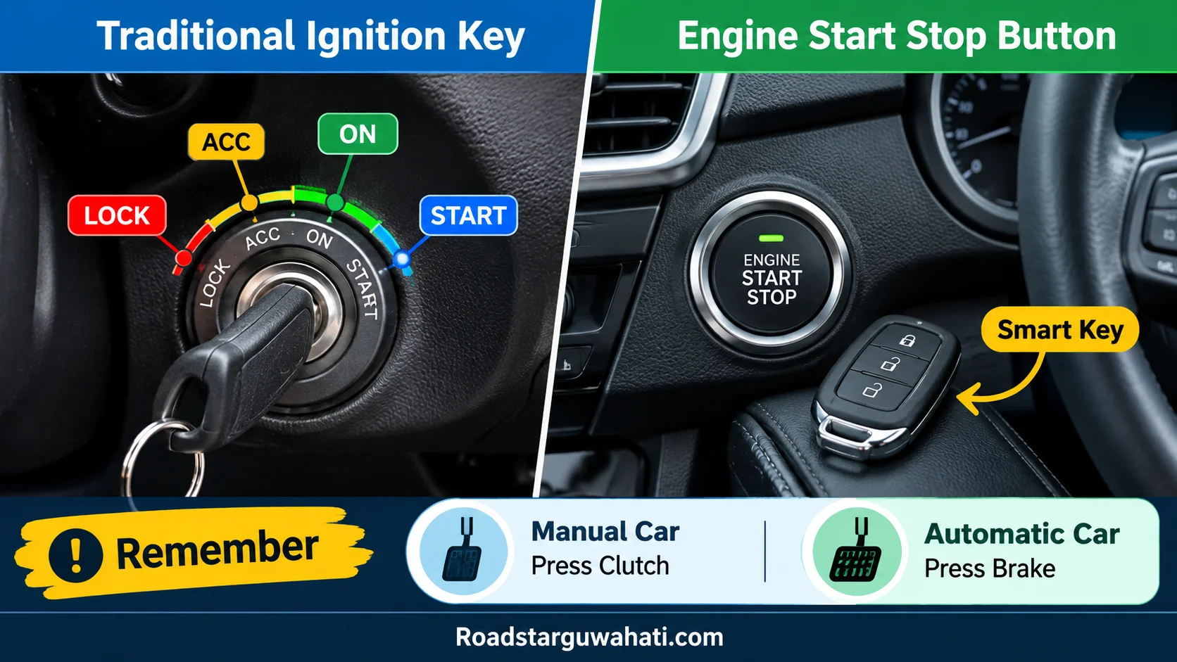 Key ignition versus push button car starting method