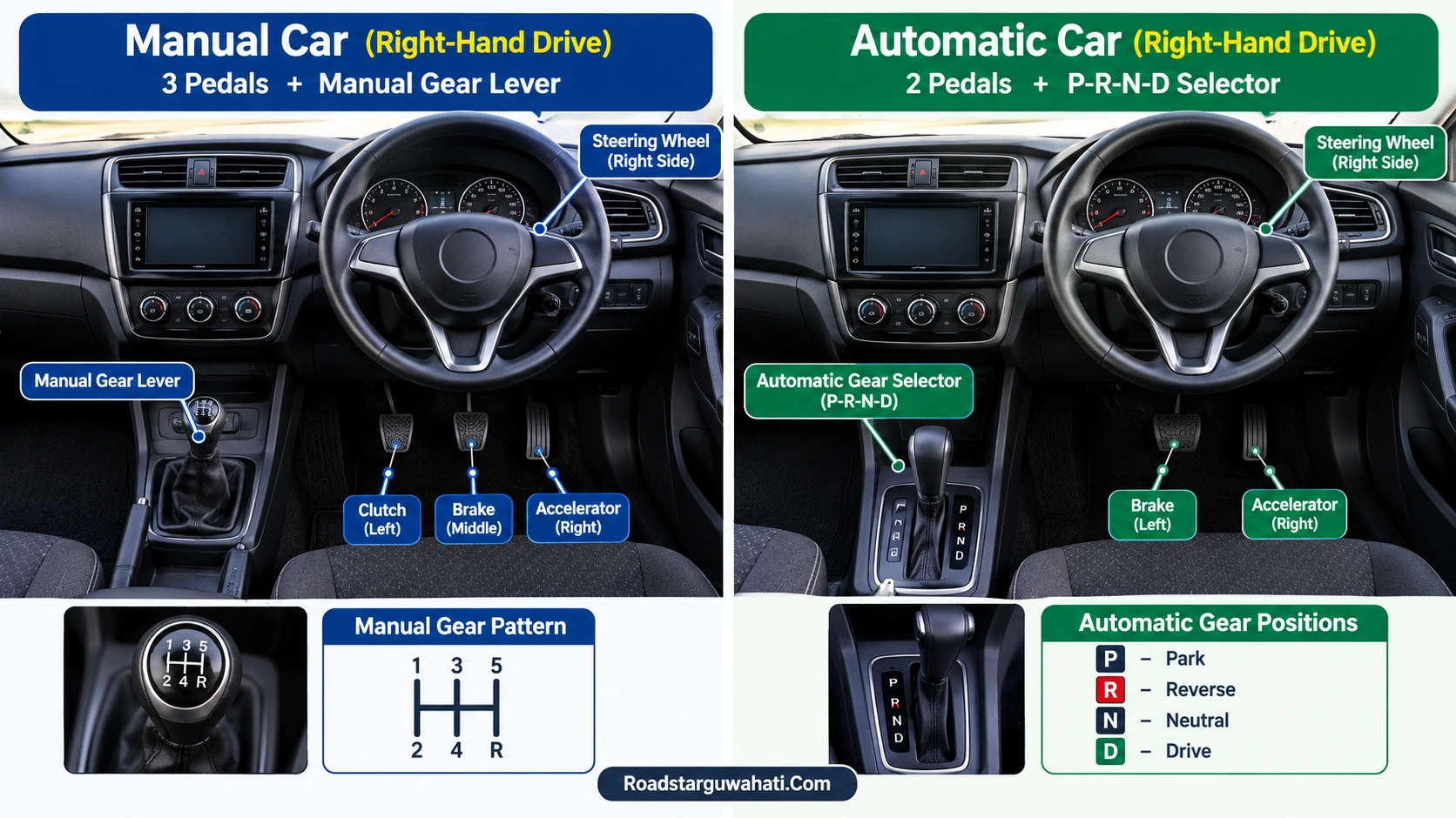 Manual and automatic car controls comparison