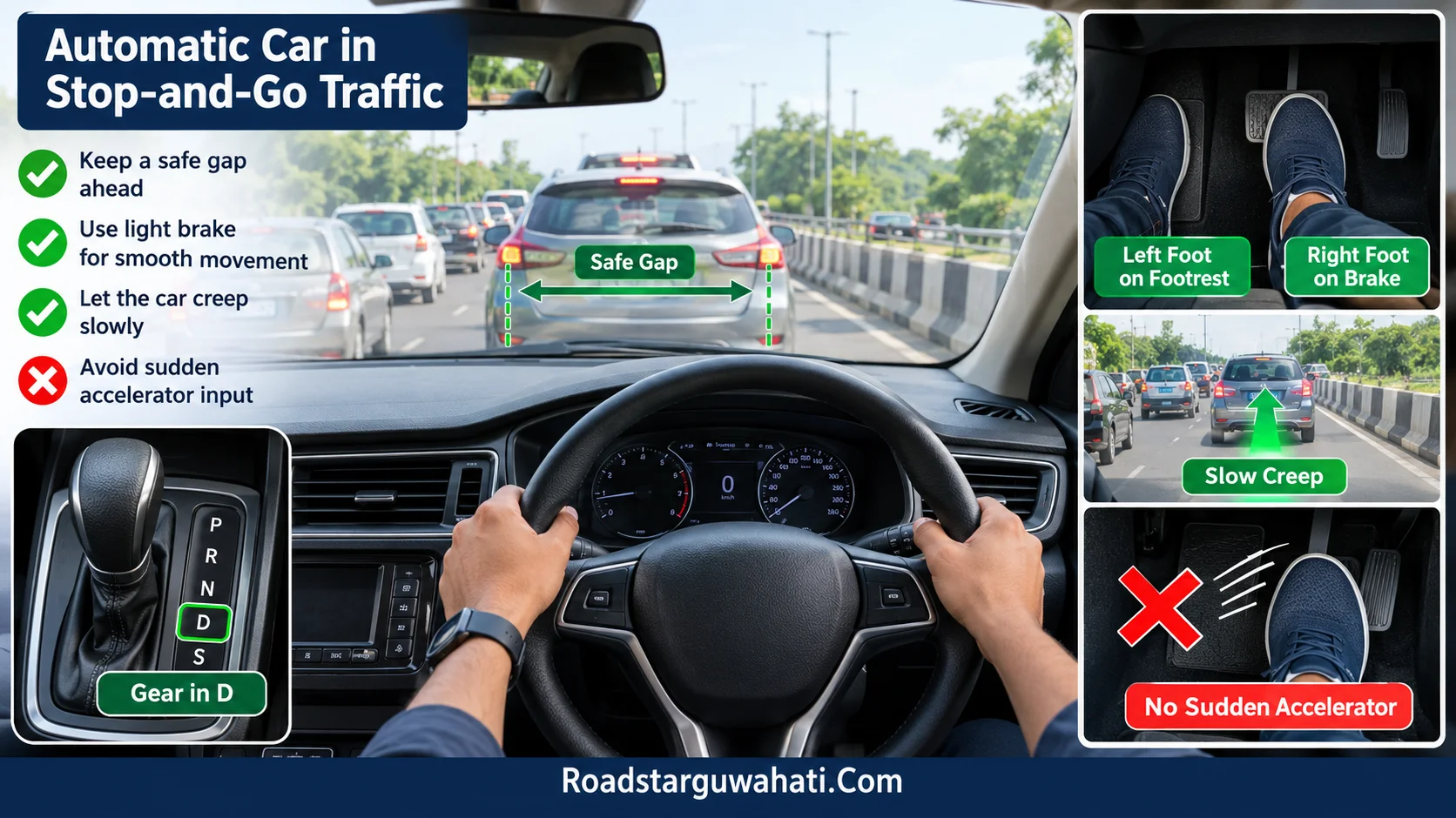 Automatic car ko stop go traffic me kaise chalaye