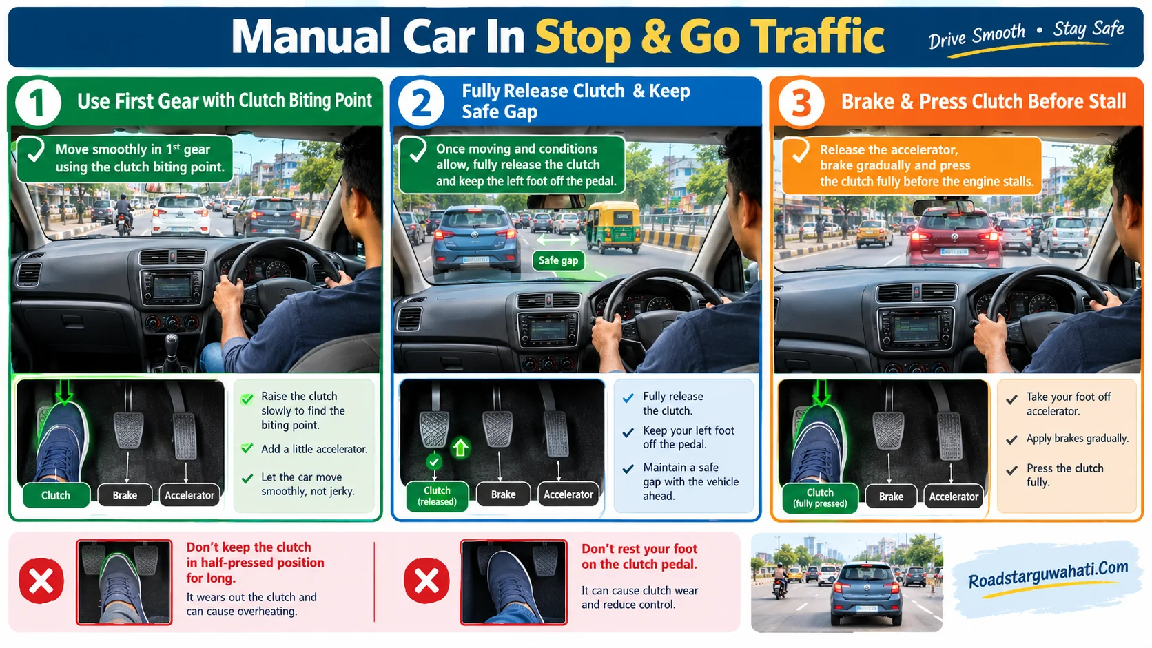 Stop go traffic me clutch aur brake control